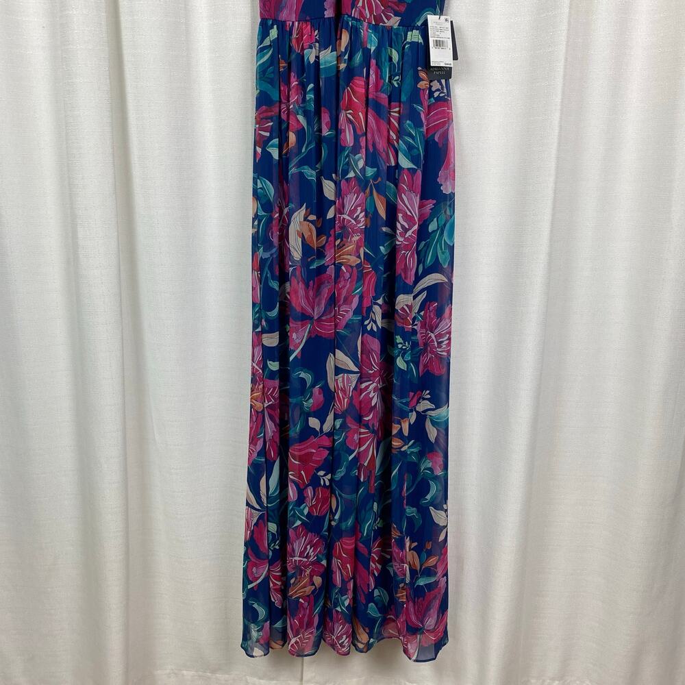 Adrianna Papell Navy Multi Floral Printed Chiffon Halter Gown Sz.4 NWT - Picture 6 of 16